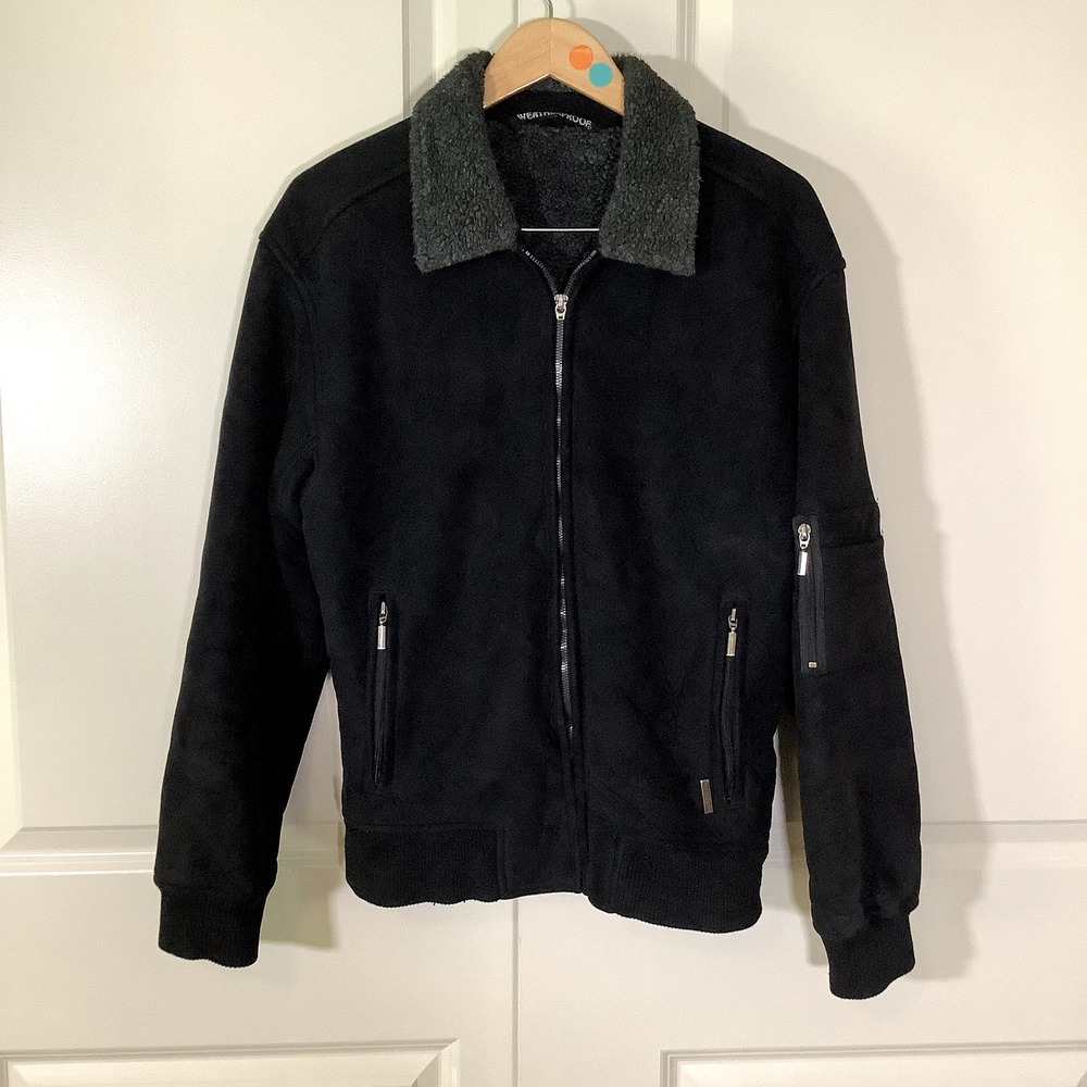 Weatherproof Men's Bomber Jacket Size Small Black Microfiber with Gray Collar